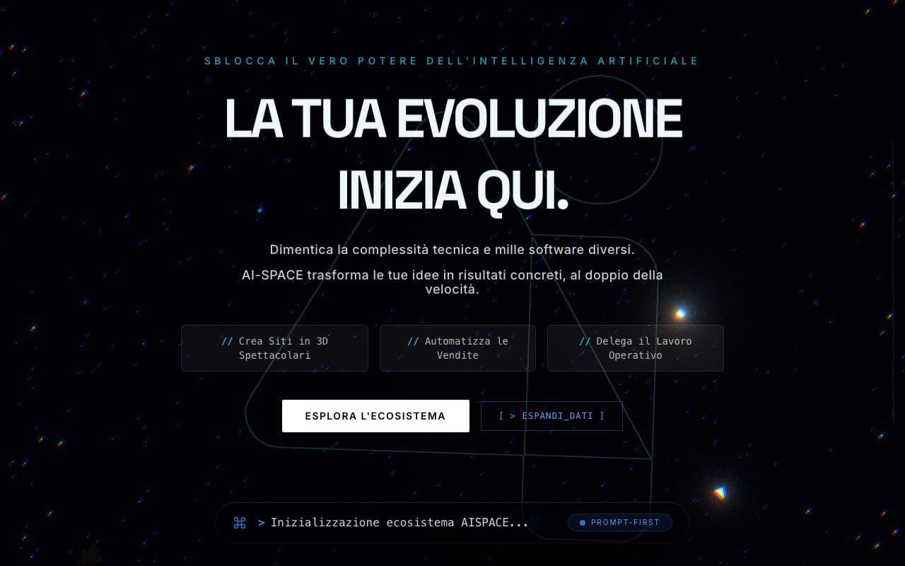 La home di AI-SPACE: «La tua evoluzione inizia qui» su sfondo stellato