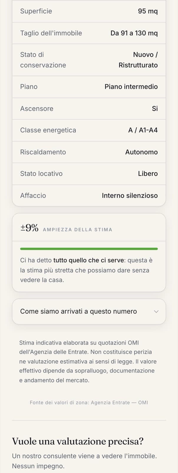Una stima di prova: 470.000–560.000 € per 95 mq a Trieste-Salario, con forchetta di ±9%