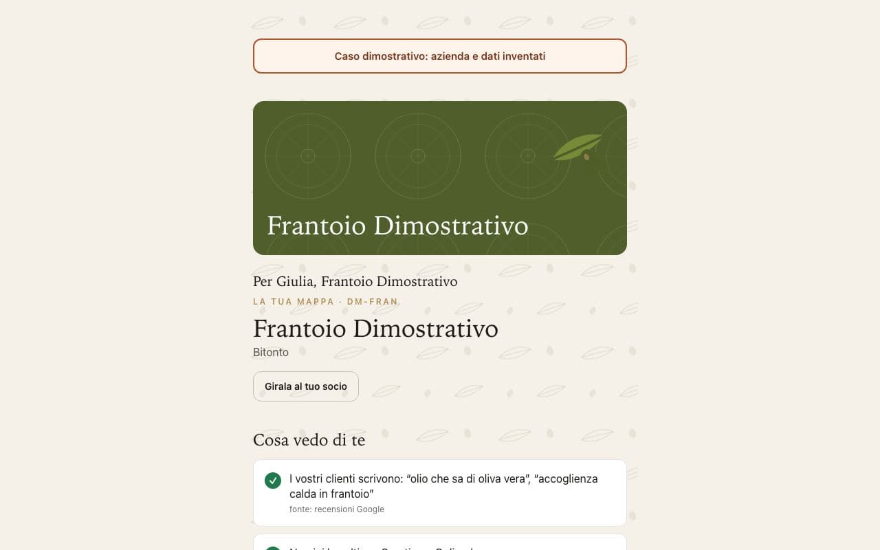 La mappa del Frantoio Dimostrativo, con la scritta «Caso dimostrativo: azienda e dati inventati»
