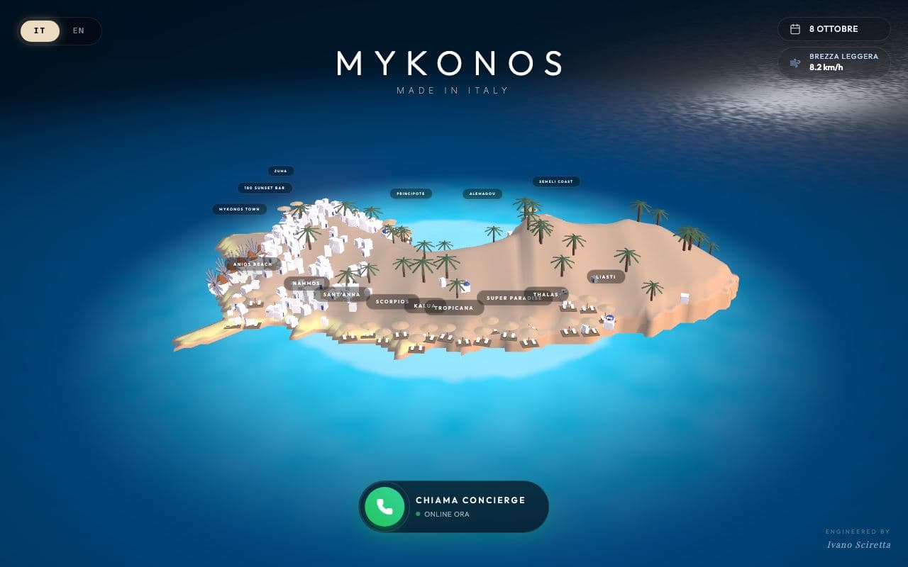 La home di Mykonos Made in Italy: l'isola in 3D con i locali segnati e il bottone Chiama concierge